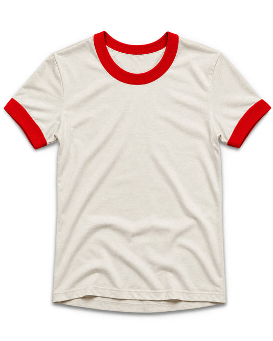 An off-white ringer t-shirt with red trim on the crew neck and sleeve cuffs, displayed flat against a white background.