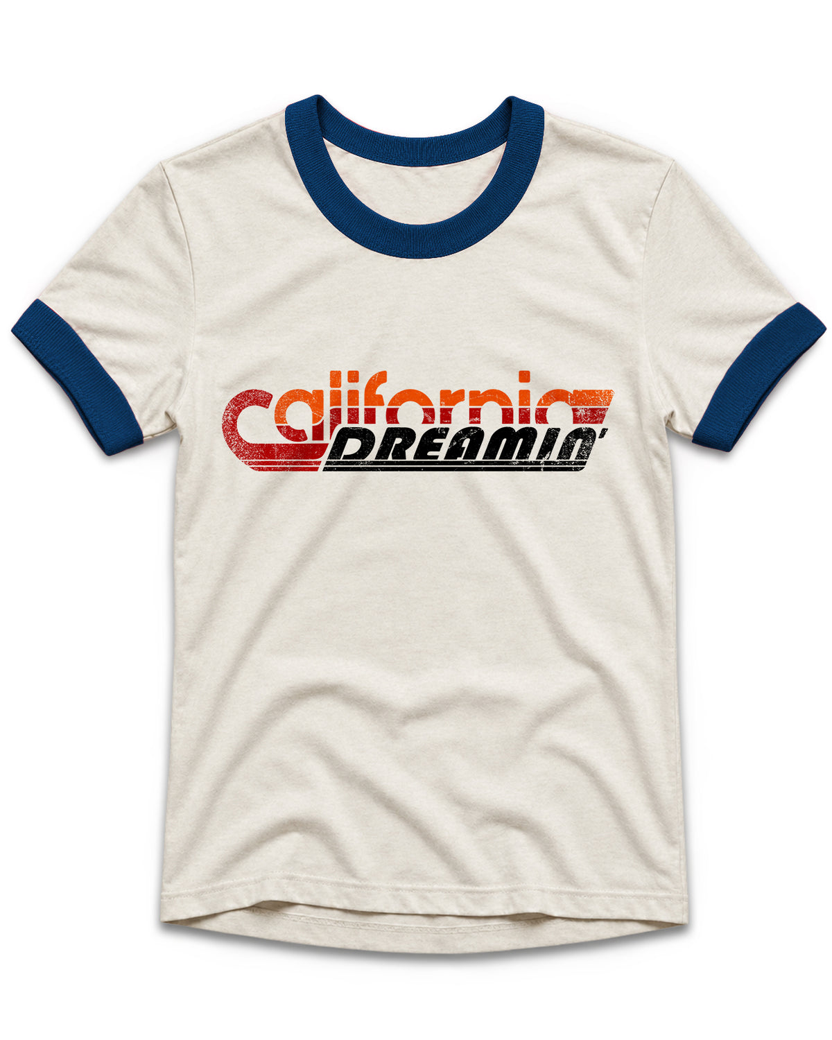 An off-white ringer t-shirt with navy blue collar and sleeve cuffs, featuring a distressed red and black 'California Dreamer' graphic across the chest.