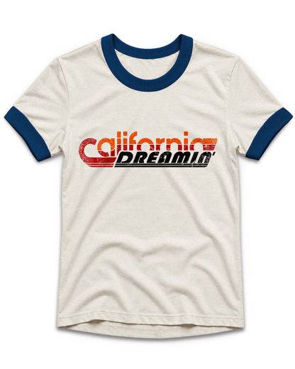 An off-white ringer t-shirt with navy blue collar and sleeve cuffs, featuring a distressed red and black 'California Dreamer' graphic across the chest.