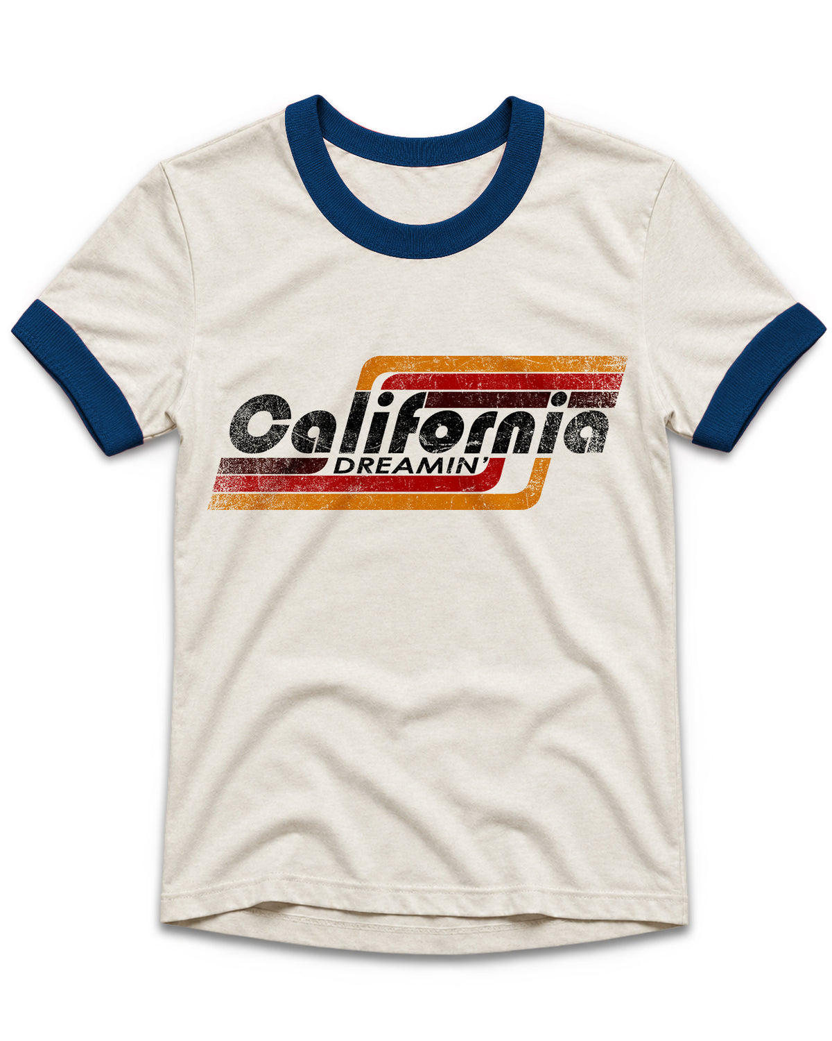 An off-white ringer t-shirt with navy blue collar and sleeve cuffs, featuring a distressed retro graphic on the chest that reads 'California DREAMIN'' in black text over orange and red stripes.