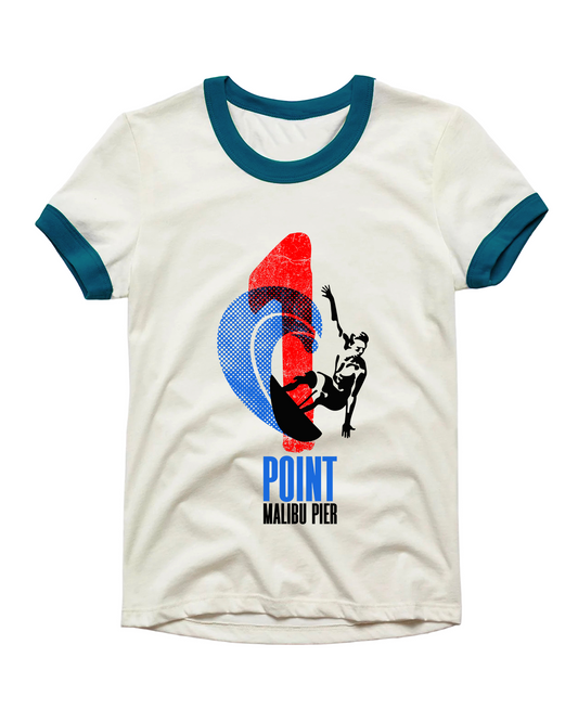 Vintage Unisex T-Shirt – 1 Point Malibu Pier Graphic – Retro Ringer Style – Off-White