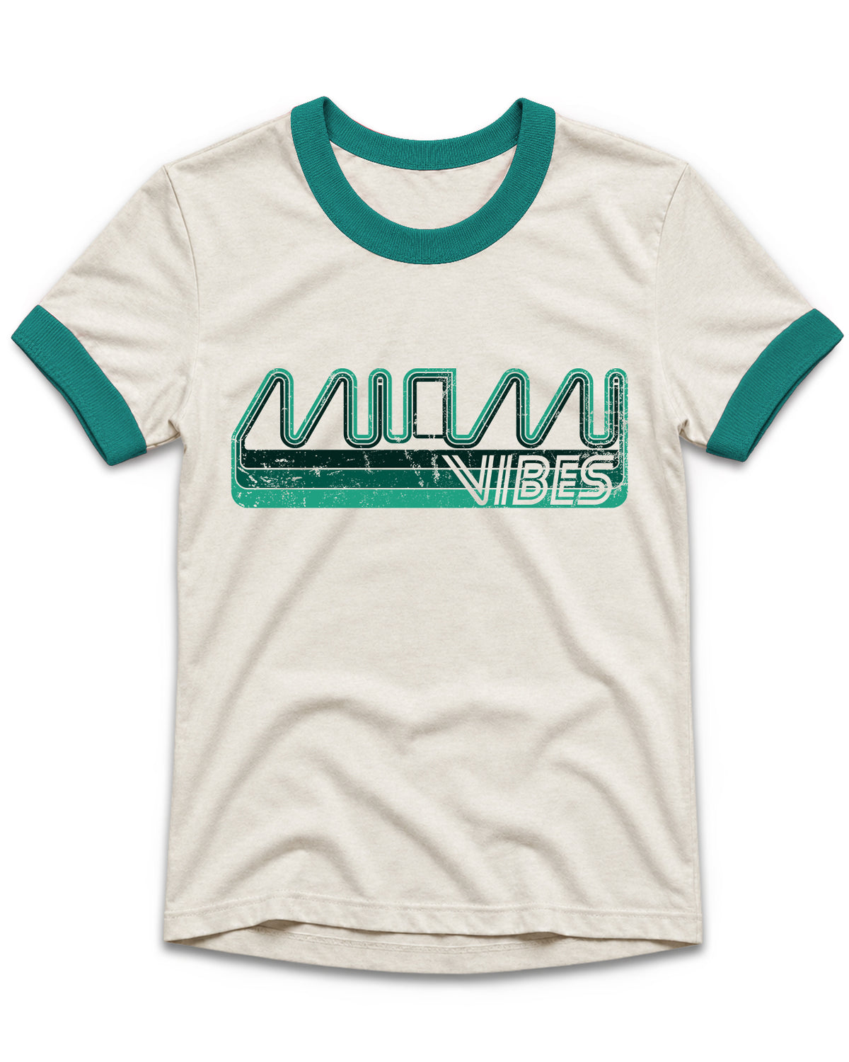 An off-white ringer t-shirt with teal trim on the collar and sleeve cuffs, featuring a distressed teal and white 'MIAMI VIBES' graphic across the chest.