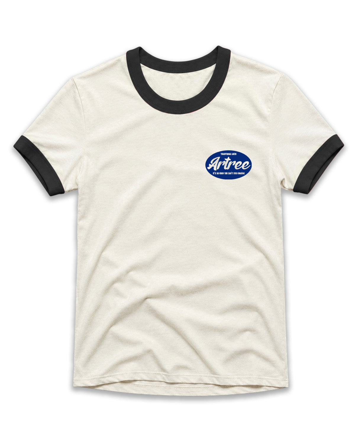 An off-white ringer t-shirt with black ribbed collar and sleeve cuffs, featuring a blue oval 'Arttree' logo on the left chest.