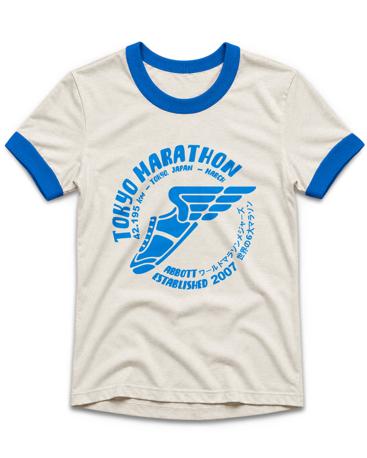An off-white ringer t-shirt with blue collar and sleeve cuffs, featuring a blue graphic print of a marathon shoe and the text 'TOKYO MARATHON' and 'ABBOTT COLD-MARATHON ESTABLISHED 2007'.