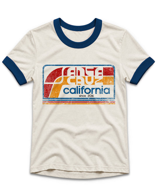 An off-white ringer t-shirt with navy blue collar and sleeve cuffs, featuring a distressed retro graphic on the chest that reads 'Fenta Cruz California since 2016' in red, orange, and blue.