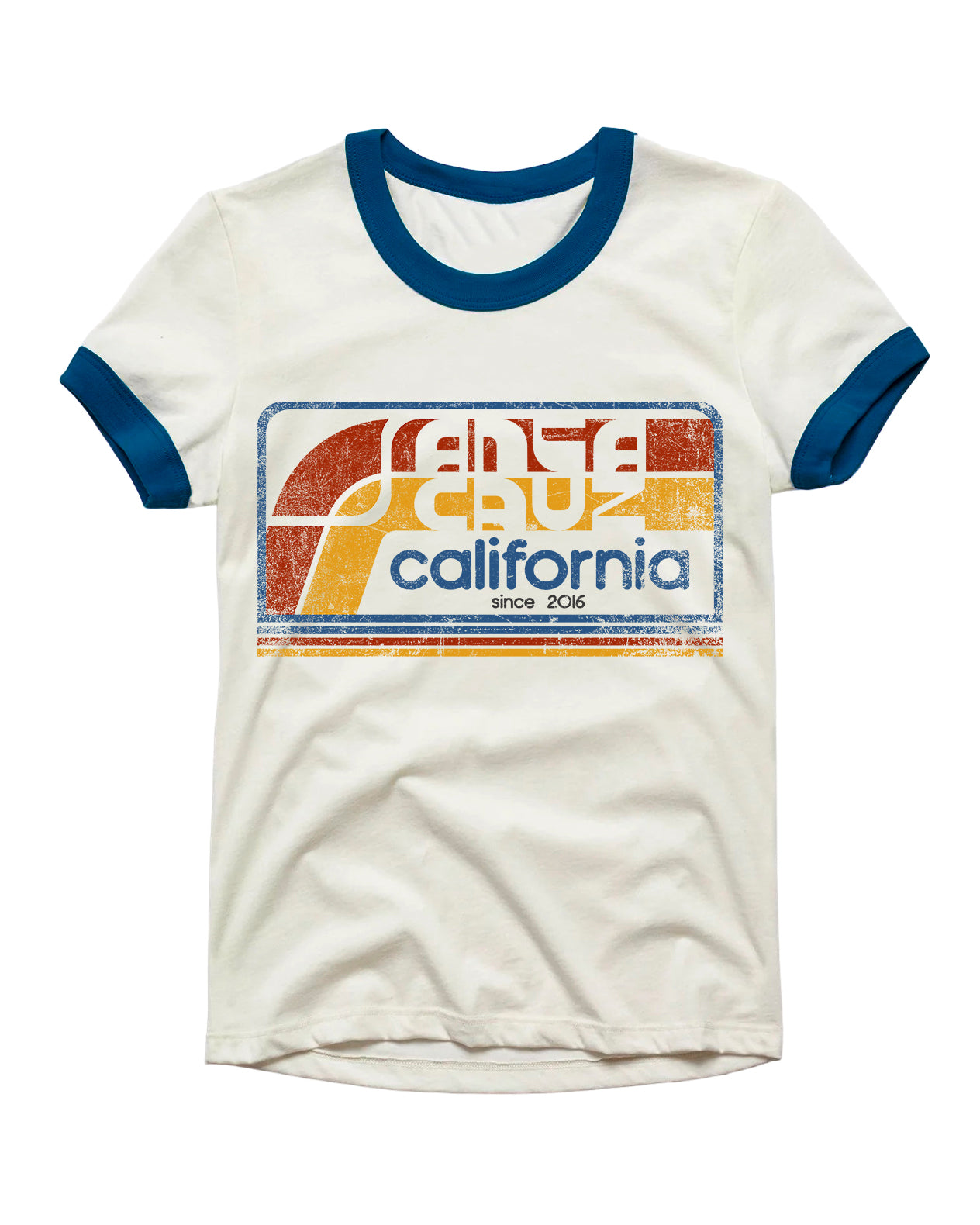 Vintage Unisex T-Shirt – Santa Cruz Graphic – Retro Ringer Style – Off-White/Blue