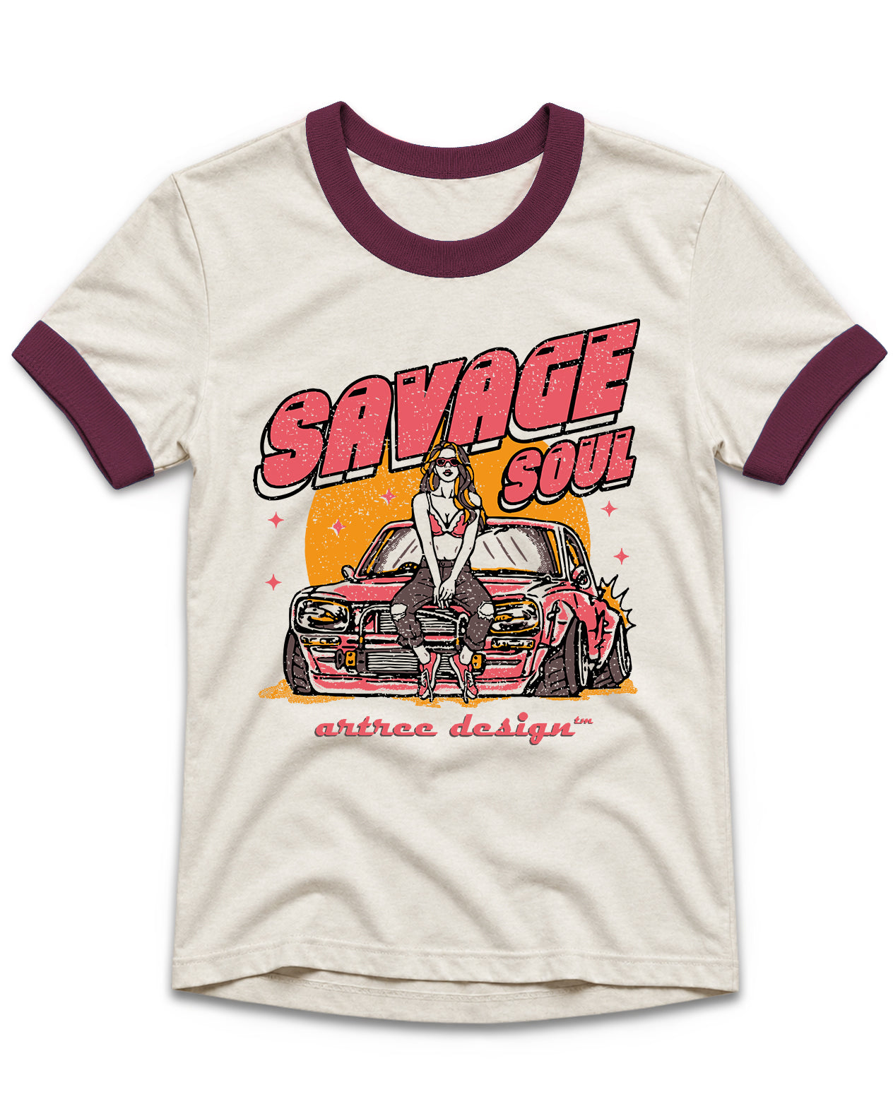 An off-white ringer t-shirt with dark maroon collar and sleeve cuffs, featuring a retro-style graphic of a woman in a white dress standing on a pink car with the text 'SAVAGE SOUL' and 'artrea design' printed below.