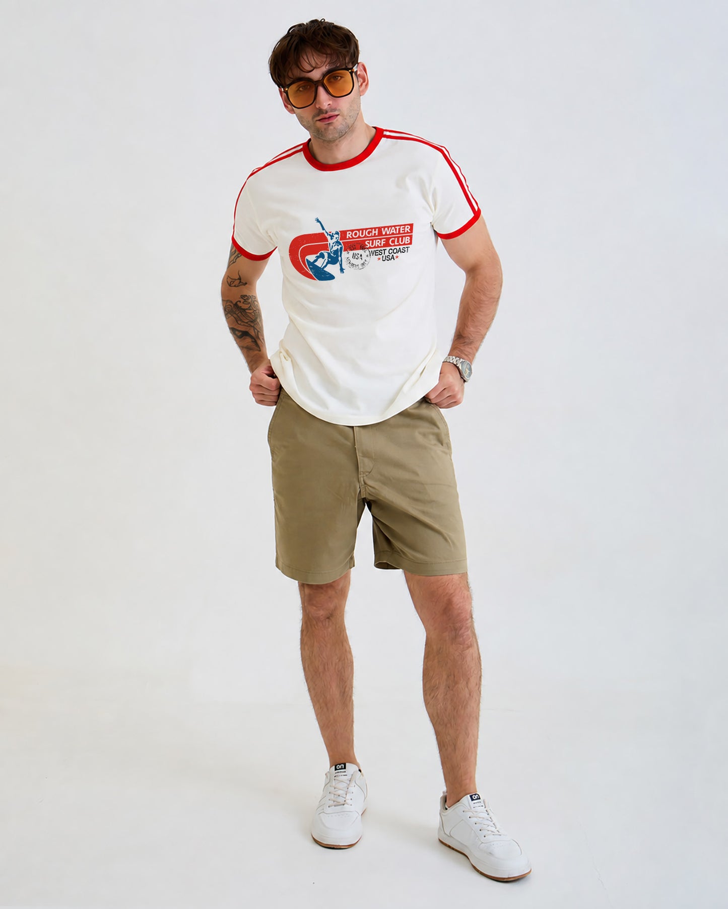 Vintage Unisex T-Shirt – Surfing Retro Ringer – Off-White/Red