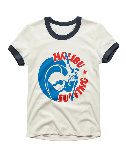 Vintage Unisex T-Shirt – 1 Point Malibu Pier Graphic – Retro Ringer Style – Off-White