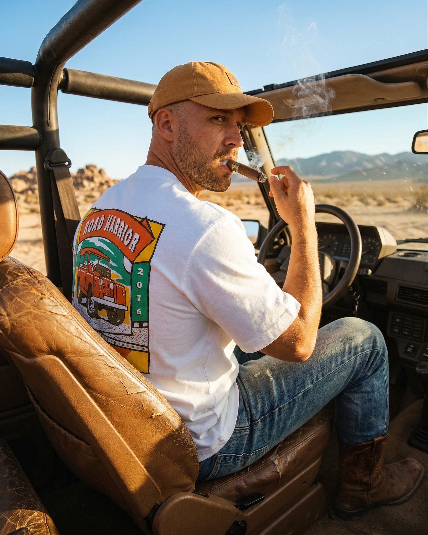 Vintage Oversized Cropped T-Shirt – Unisex Road Warrior Car White Tee – Boxy Fit