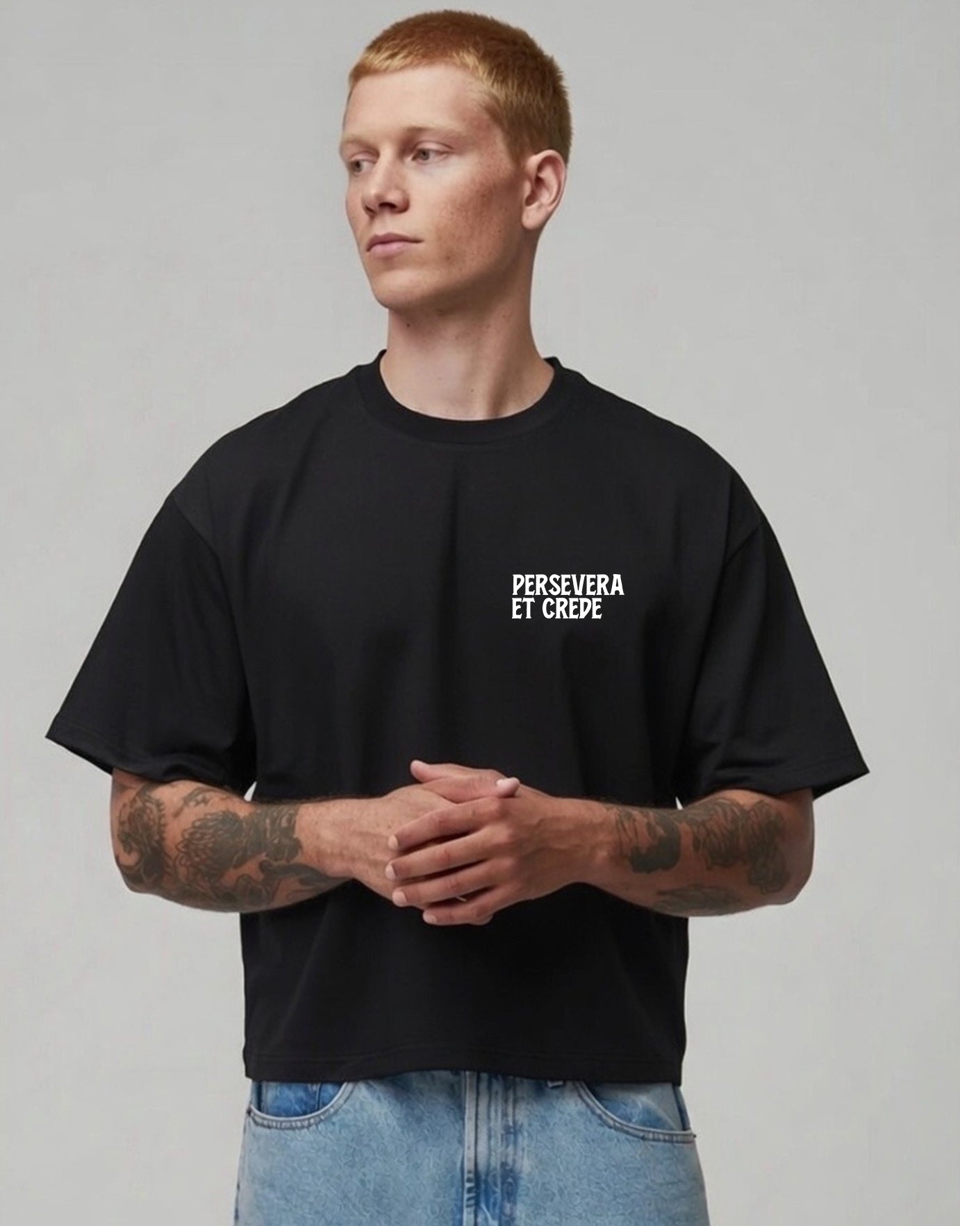 Vintage Oversized Cropped T-Shirt – Persevere And Believe Black Tee – Boxy Fit