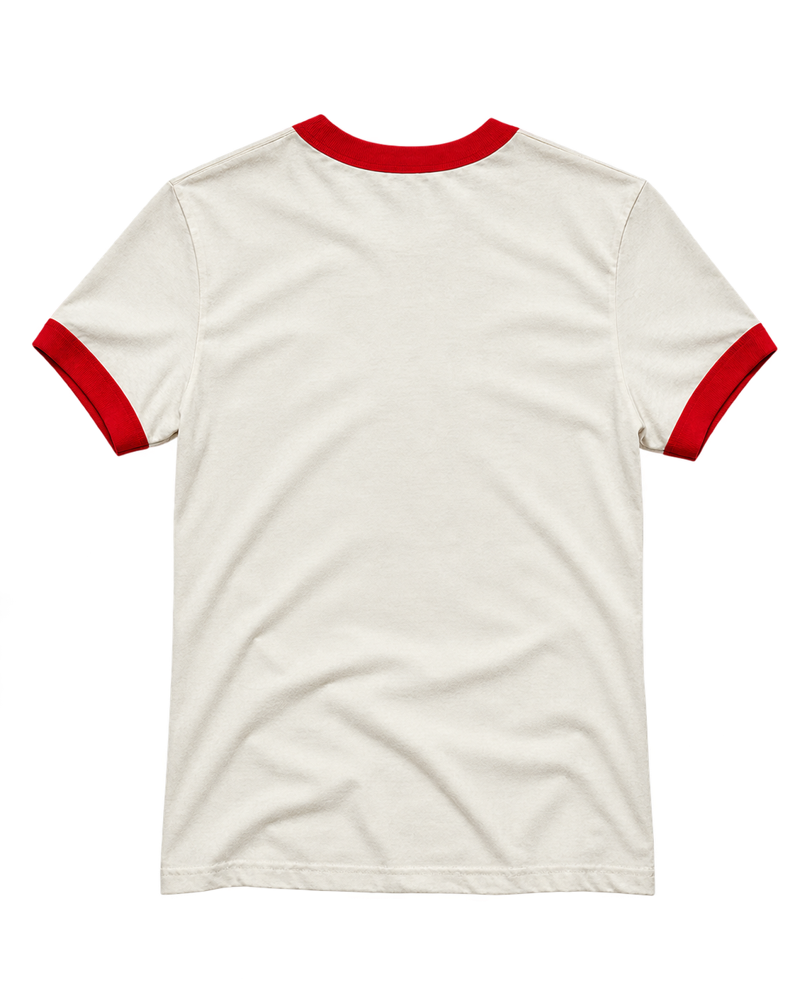 The back of a short-sleeve ringer t-shirt in off-white with red ribbed trim on the collar and sleeve cuffs, shown against a plain white background.
