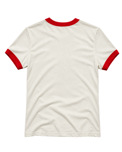 The back of a short-sleeve ringer t-shirt in off-white with red ribbed trim on the collar and sleeve cuffs, shown against a plain white background.