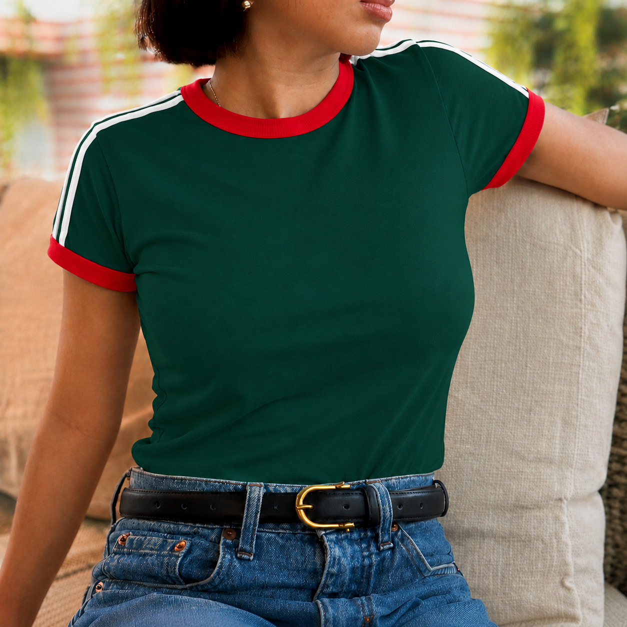 Off White Damen Ringer T-Shirt