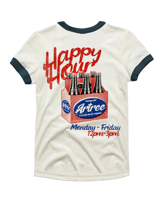 White t-shirt with red and blue graphics and text on a white background