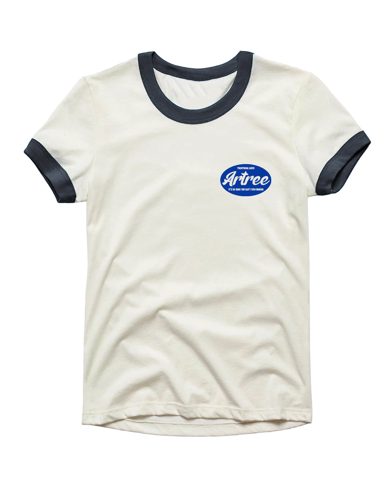 Beige t-shirt with navy ringer sleeves and collar, featuring a blue logo on a white background