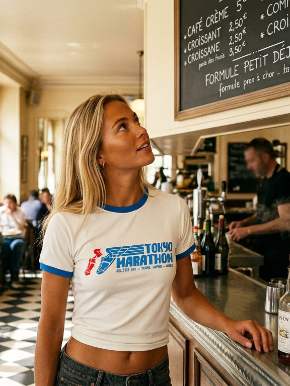 Vintage Women's T-Shirt – Tokyo Running Marathon Graphic – Retro Ringer Style