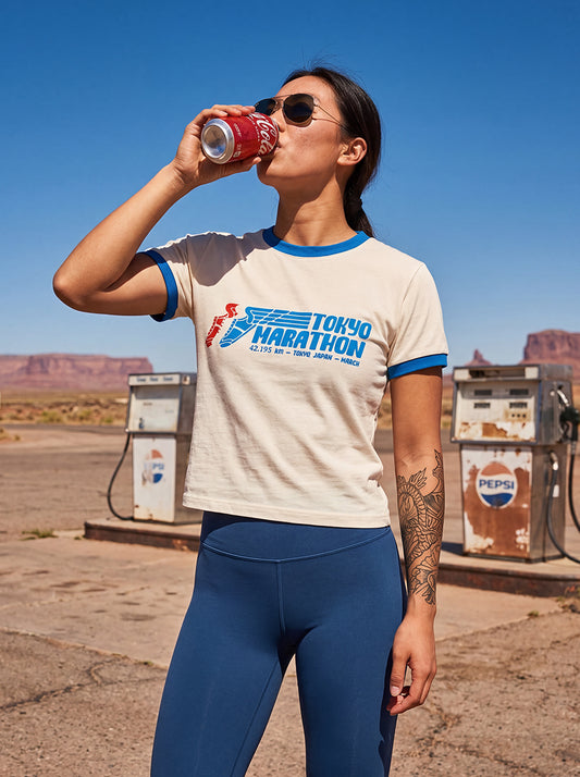 Vintage Women's T-Shirt – Tokyo Running Marathon Graphic – Retro Ringer Style