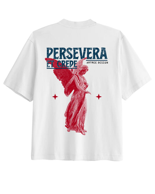 Vintage Oversized Cropped T-Shirt – Persevere And Believe White Tee – Boxy Fit
